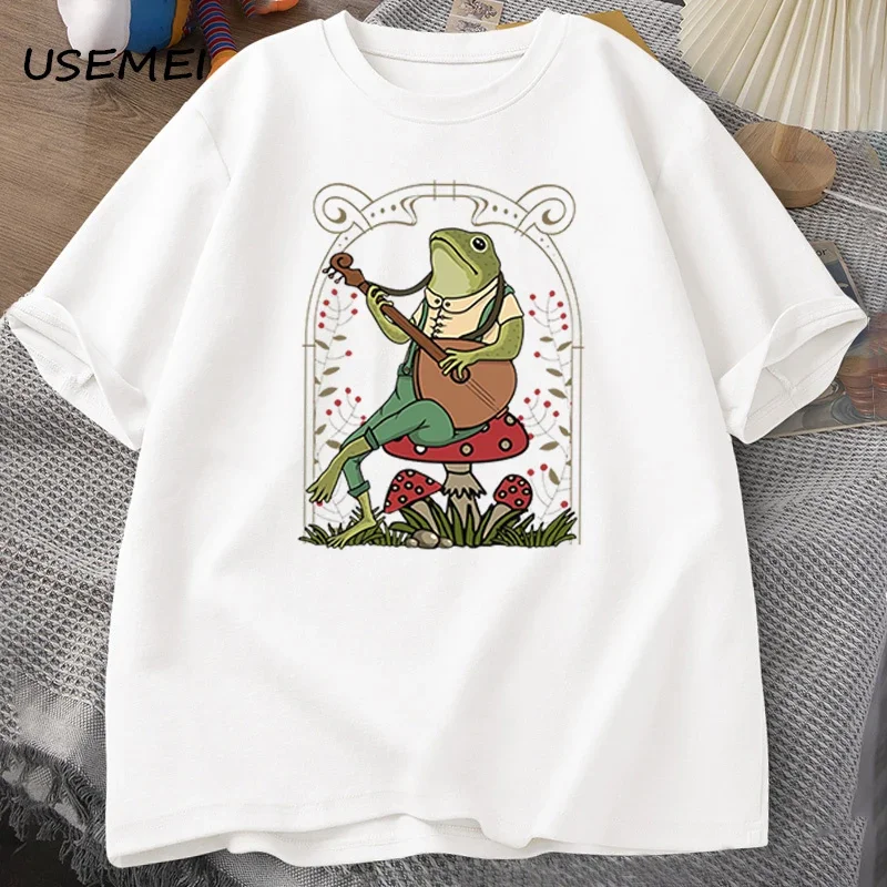 Cute Cottagecore Frog Playing Banjo T Shirts Men Women Cotton Funny Mushroom Naturecore T Shirt Summer Casual Short Sleeve Tees