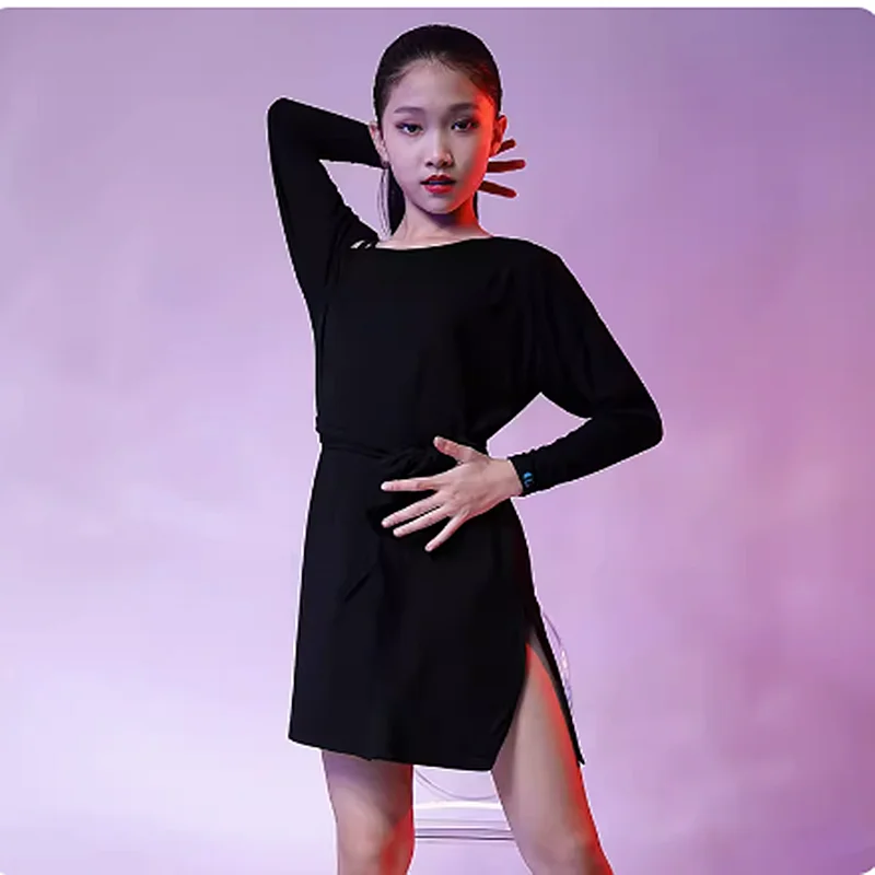 Women Sexy Mid Long Sleeve Printing Latin Dance Training Tassel Clothing Ballroom Dress Tango Modern Rumba Performance Dancewear