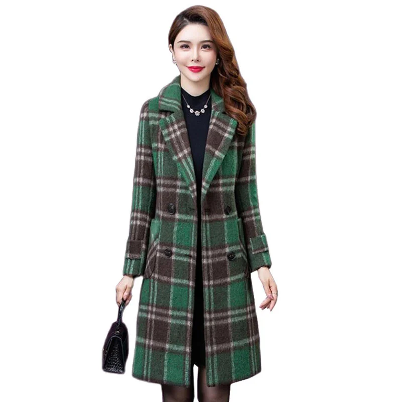 

Autumn Winter Middle aged Fashion Ladies Woolen Coat Double Breasted Elegant Plaid Female Wool Jacket Women Outerwear Overcoat
