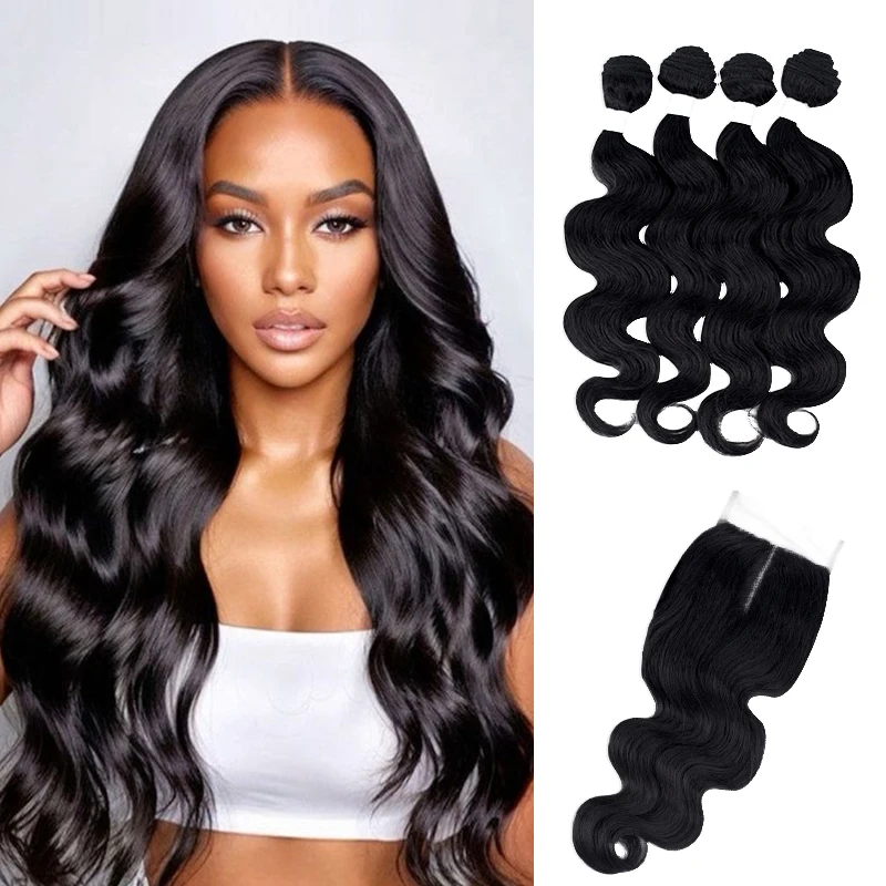 Synthetic Bundles With Closure Natural Black Body Wave Hair Extensions Heat Resistant Synthetic Hair Bundles For Black Women