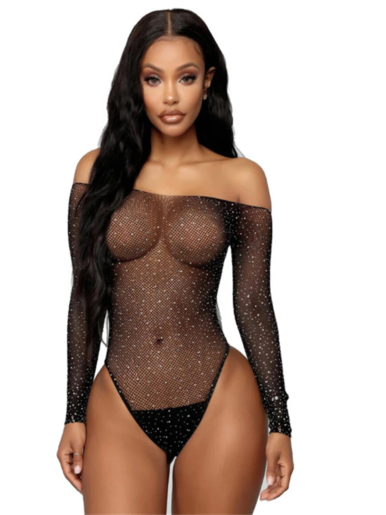 Sexy Rhinestone Erotic Lingerie Women Long Sleeve Fishnet Stockings Women Transparent Women\'s Exotic Costumes Underwear Set New