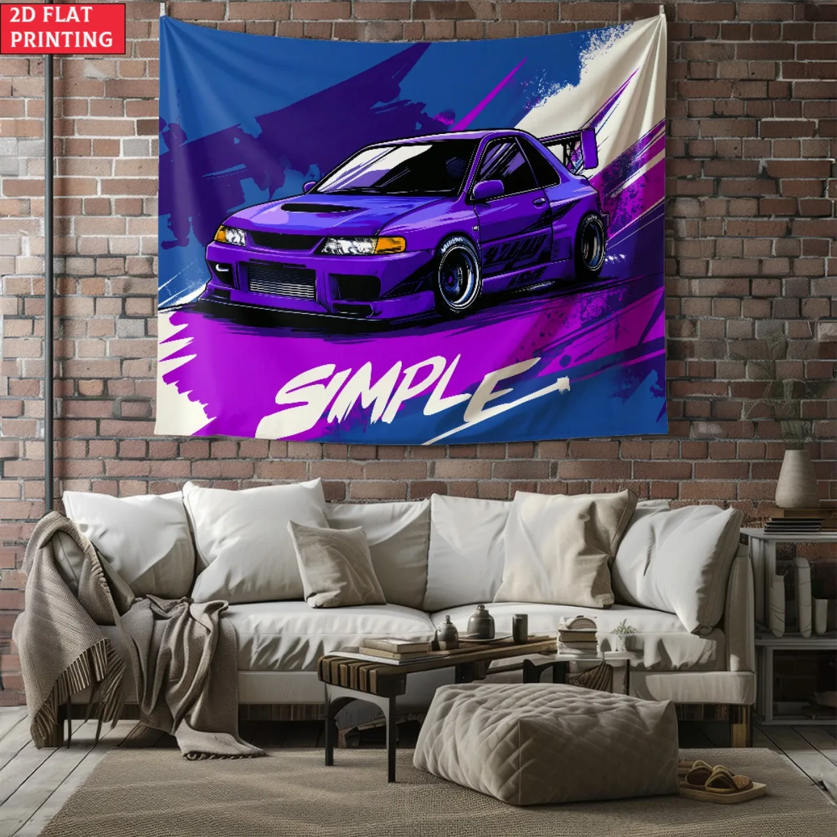 Vibrant Purple JDM Sports Car Tapestry, Modified Drift Car with 