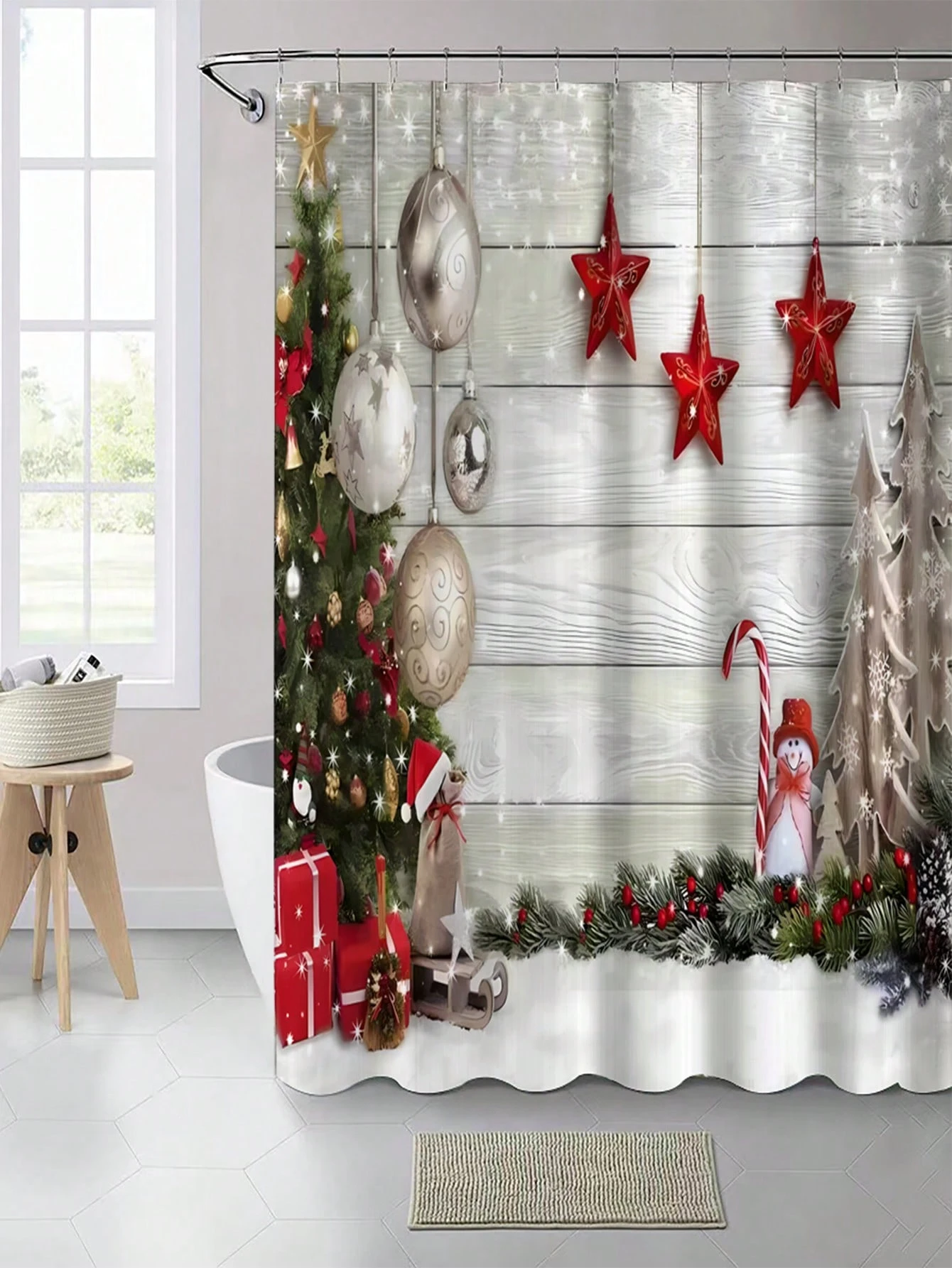 1 Pack Christmas Star Pattern Polyester Material Shower Curtain Tarpaulin Bathroom Thickeneded Mildew-proof Partition Curtain Bathroom