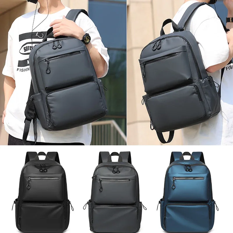 Large Capacity Travel Men's Backpack 14 Inch Leisure Solid Color Pu Computer Backpack Fashion Men and Women Students Schoolbag