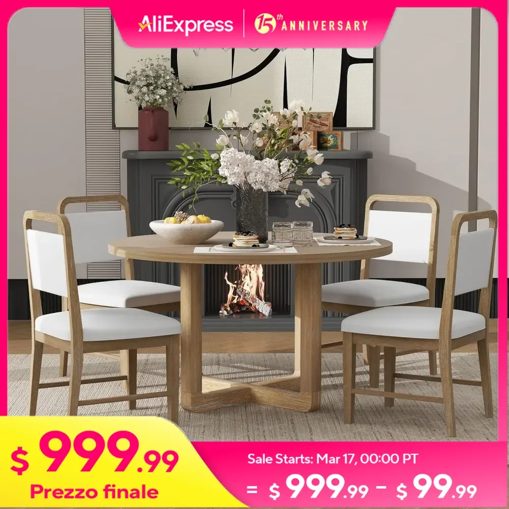 5-Piece Dining Table Set for 4, Round Dinings Table and 4 Upholstered Chairs Set, Radial Wood Grain Design, Dining Room Set