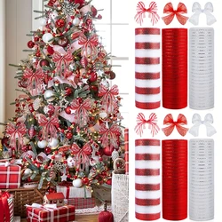 10Yards Metallic Poly Mesh Ribbon Christmas Decoration Red Green White Plaid Ribbons For Wreaths Xmas Tree Decor Gifts Wrapping