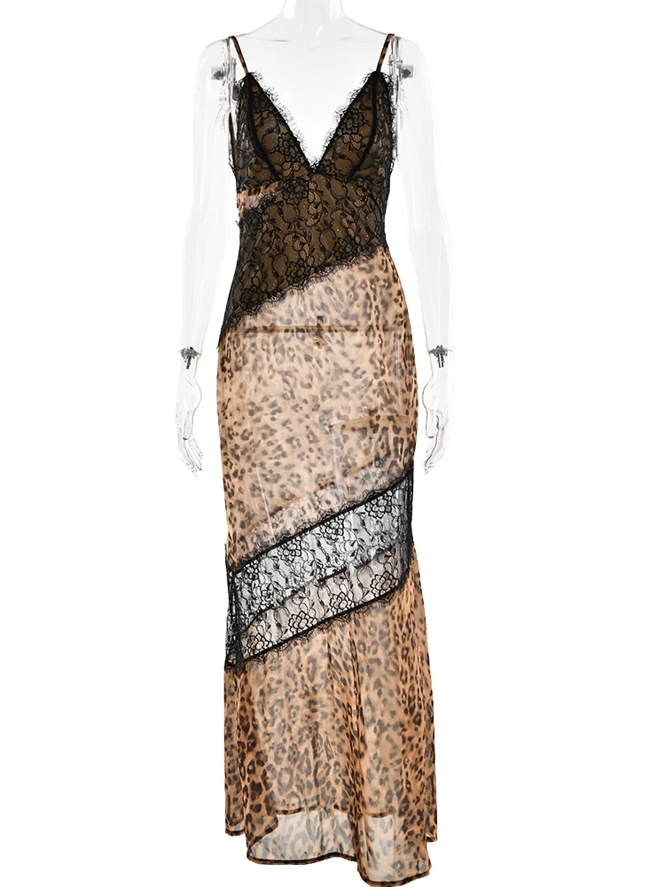 JULISSA MO Patchwork Sexy See Through Lace Print Leopard Maxi Dress For Women Spaghetti Strap V-neck Elegant Party Evening Dress