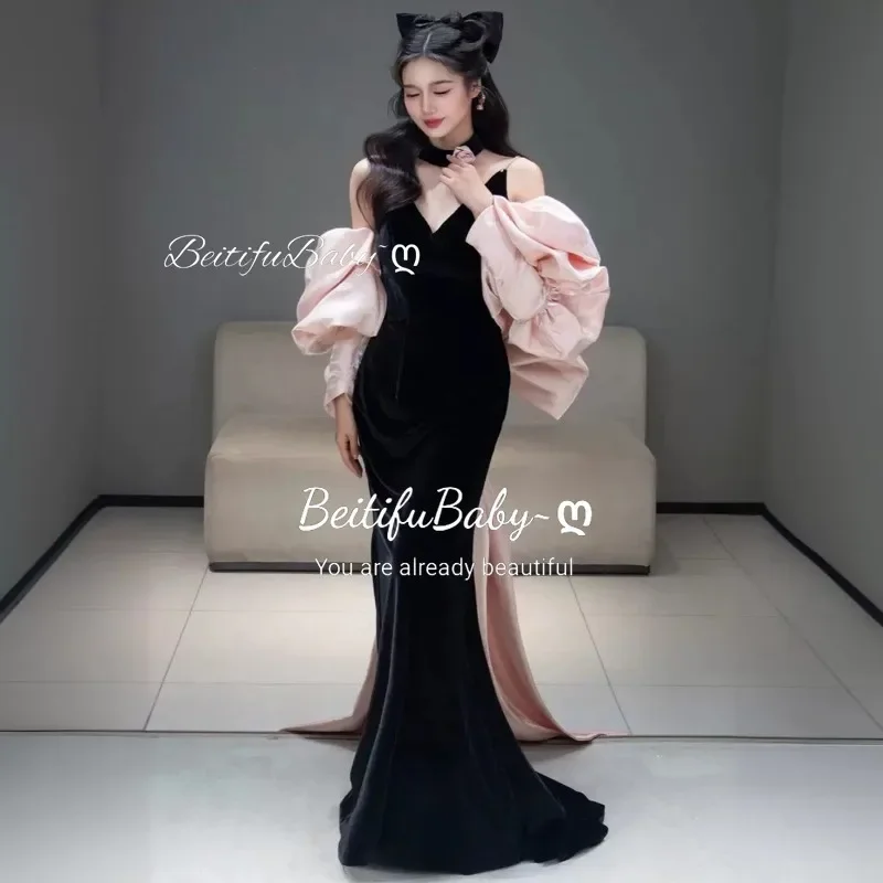 

BeitifuBaby Black Evening Dress for Women Cat Style Girlish Engagement Sexy V-nexk Sleeveless Fishtail Skirts Banquet Prom Dress