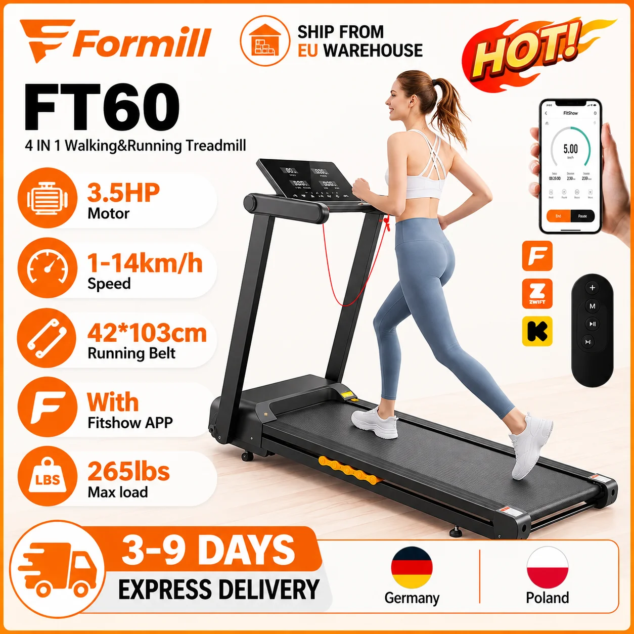 Formill FT60 loopband met automatische hellingsverstelling tot 15% voor thuisgebruik, met handgrepen, inklapbaar, 3,5 pk, stille motor, snelheidsbereik 1-14 km/u, schokabsorptie, bediening via app.
