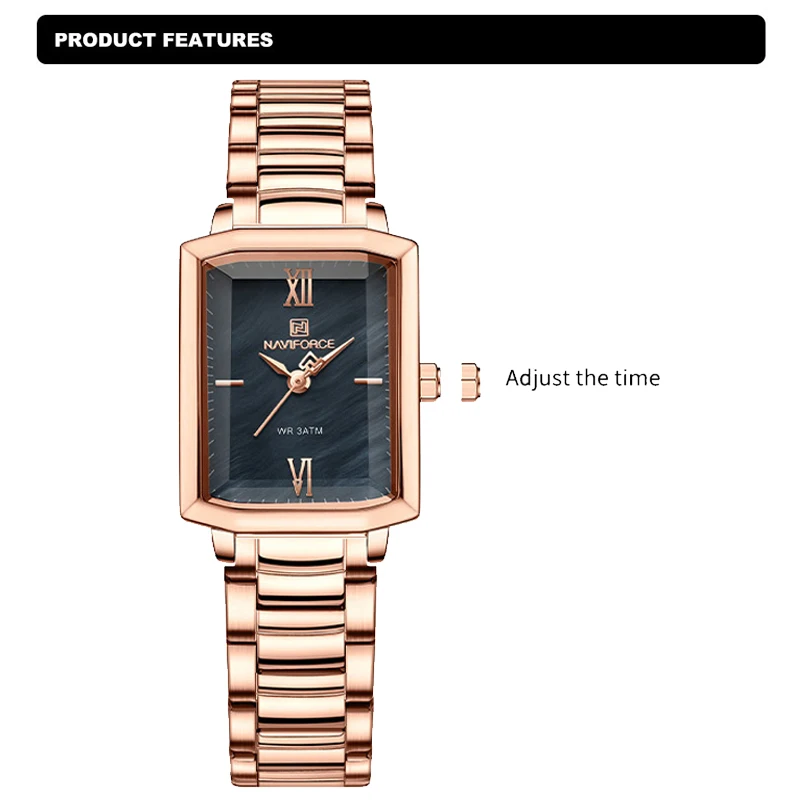 NAVIFORCE High Quality Square Women Quartz Fashion Elegant Watches Steel Band Waterproof Ladies Wristwatch Give For Female Gift