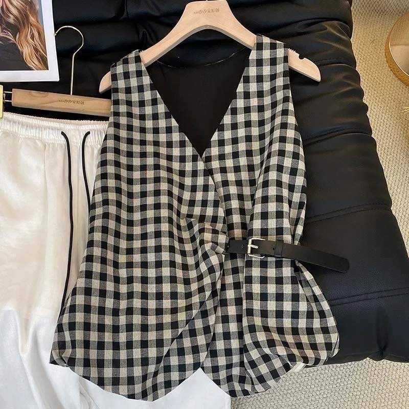 Elegant Vintage Plaid Sleeveless Summer Shirt Waist Cinching Side Tied Slimming Vest Commute Style Loose Fit Polyester Blend