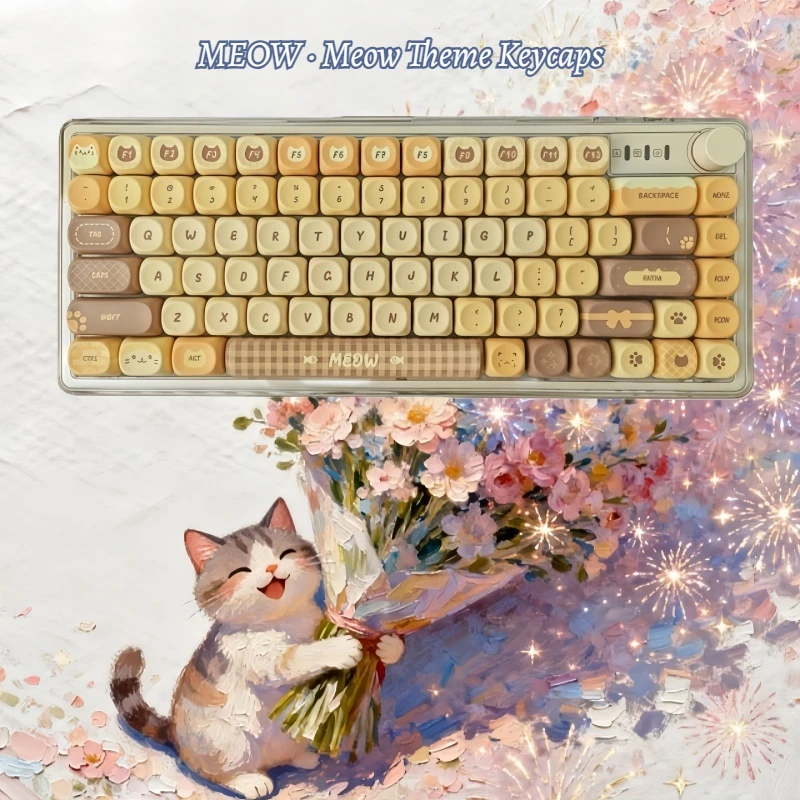 

Meow · Meow Themed Keycap 138 Keys PBT Material Five Sided Heat Sublimation Personalized Keycap Ergonomic MOA Height Resin Cute