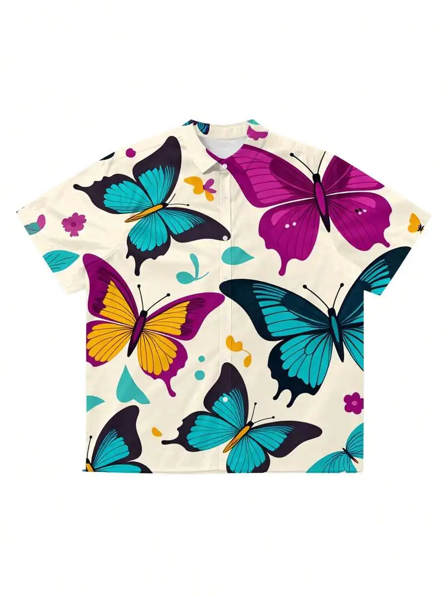 

Mens Short Sleeve Casual Shirt Butterfly Floral Tropical Print Beach Style