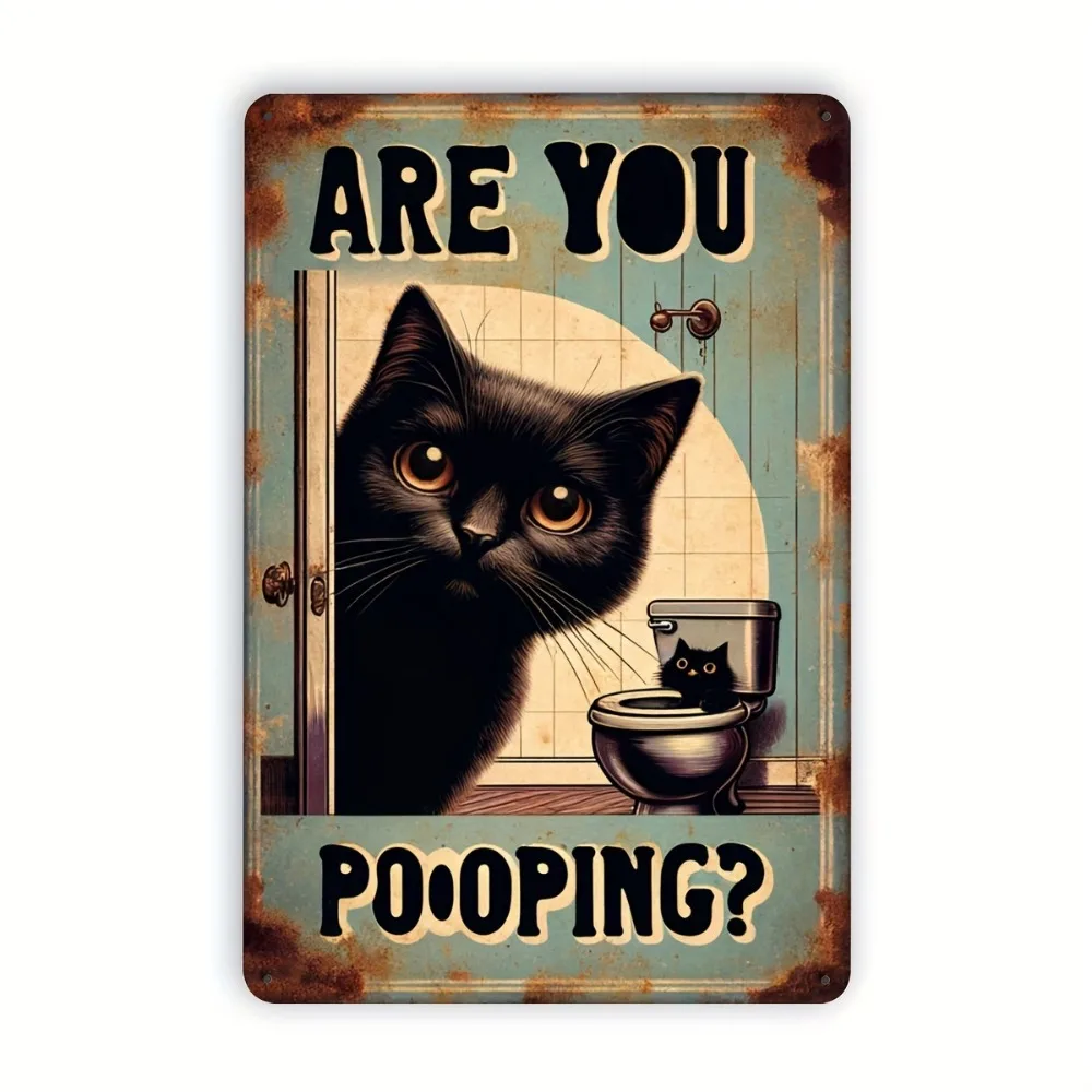 Vintage Peeking Cat Metal Sign, Rustic Teal Wall Art with Humorous Design for Bathroom or Bedroom Decor