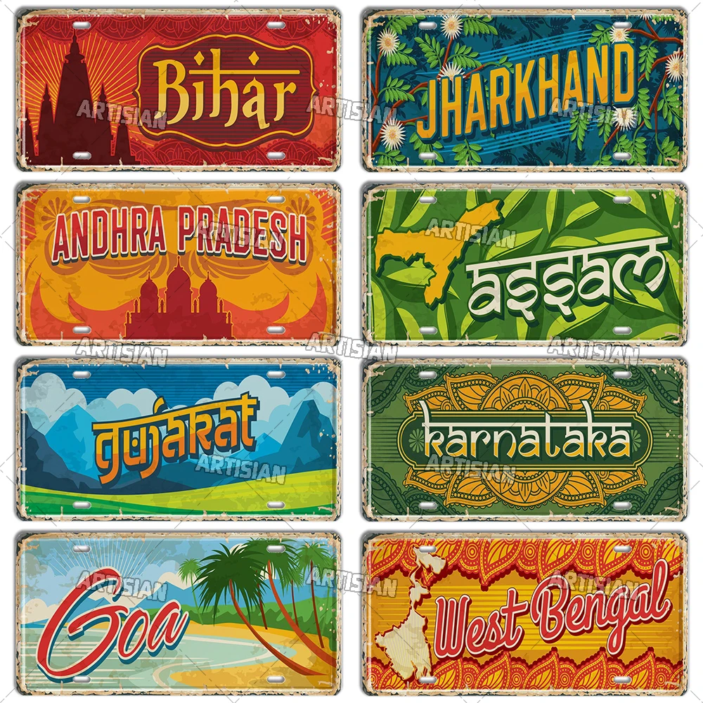 Artisian Ctiy License Plate State INDIA Province Metal Sign Landmark Travel Car Plate Decorative Tin Plaque Wall Decor Garage