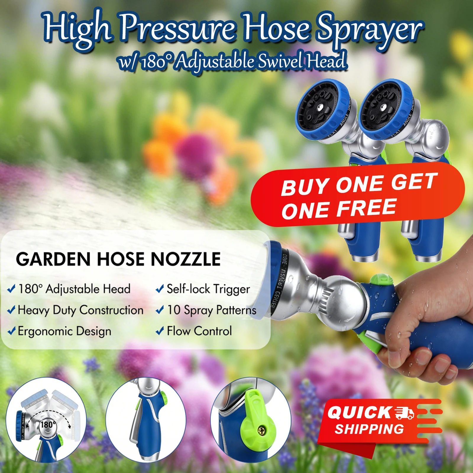 

Комплект из 2 шлангов высокого давления с 180 шт. ° Регулируемая поворотная головка с 10-распылителем, самоблокирующийся триггер для полива газонов и сада