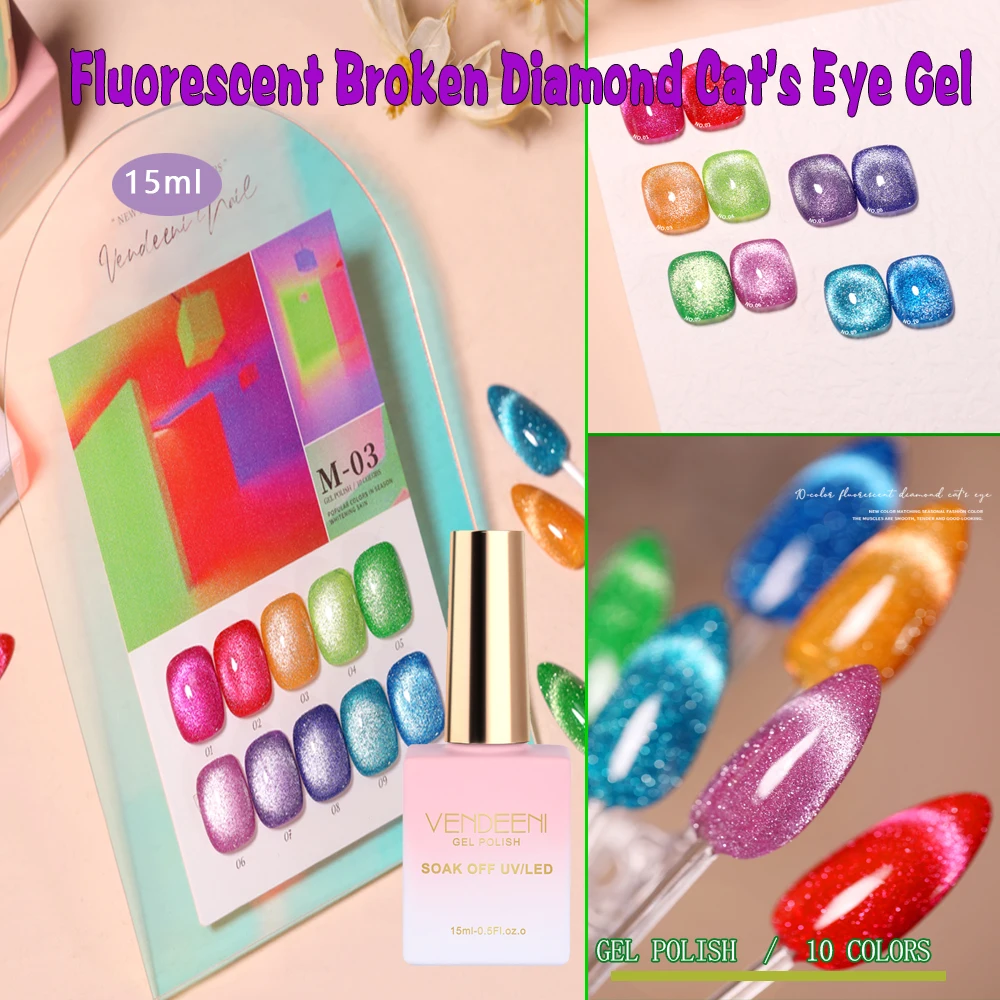 Vendeeni 10 Colors/set Fluorescent Broken Diamonds Crystal Cat Eye Gel Nail Polish Glitter Rainbow Gel Lacquer With Display