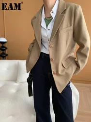 [EAM] Women Khaki Brief Pocket  Elegant Big Size Blazer New Lapel Long Sleeve Jacket Fashion Tide Spring Autumn 2024 1DH6697