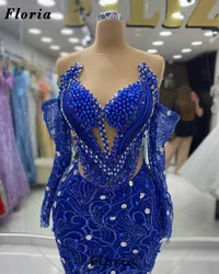 2024 Royal Blue Beading Evening Dresses Celebrity Mermaid Off Shoulder Prom Dress Robes De Soiree Arabic Dubai Pearls Party Gown