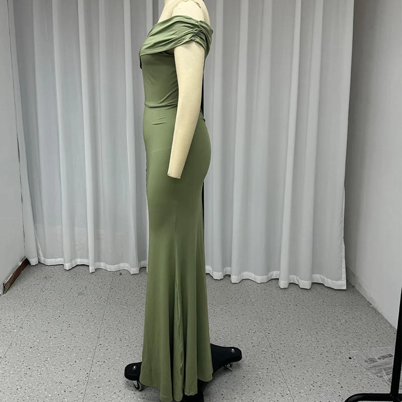 Ellafads Maxi Dress 2024 Women Summer Solid One Shoulder Sleeveless Backless Irrgular Slit Nipped Waist Slim Mermaid Long Dress