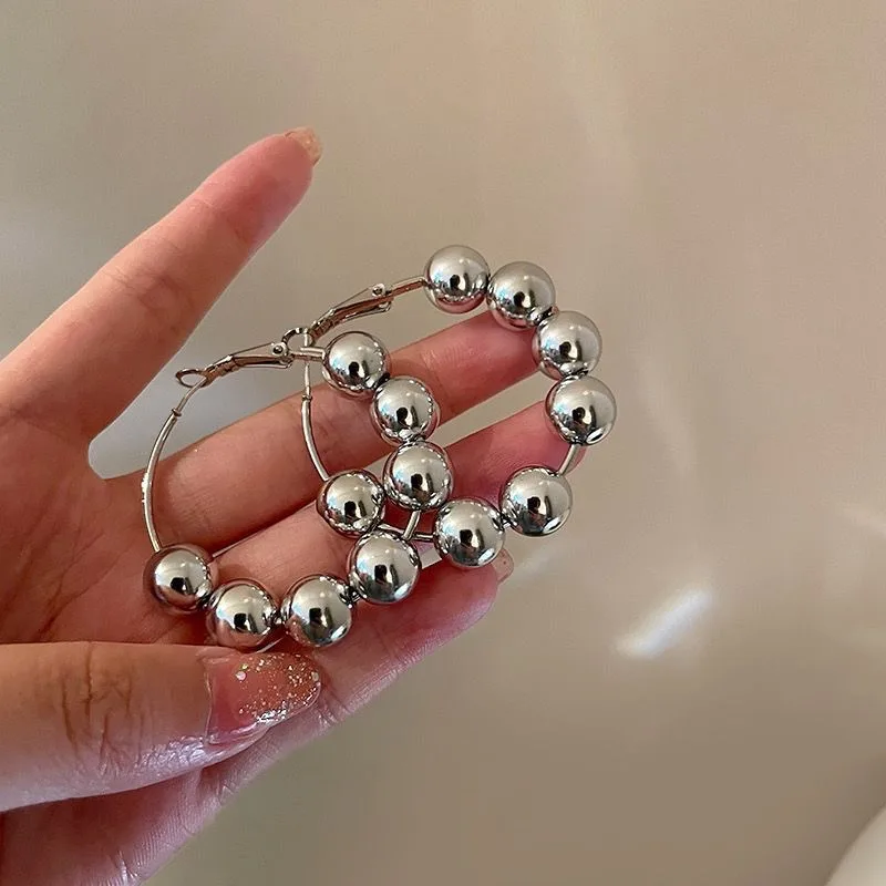 Silver Tone Metal Ball Beaded Hoop Earrings for Women Shiny Polished Large Circle Click Clasp Earrings Party Daily Jewelry Gift