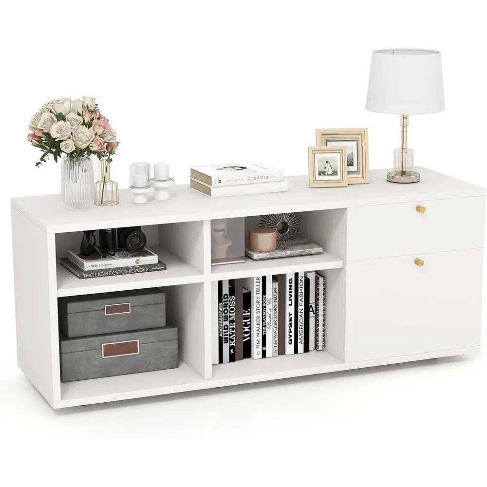 

Modern TV Stand with 2 Shelves, 4 Compartments, Adjustable Feet, Media Storage Cabinet for Small Spaces, Suitable for Entryway,