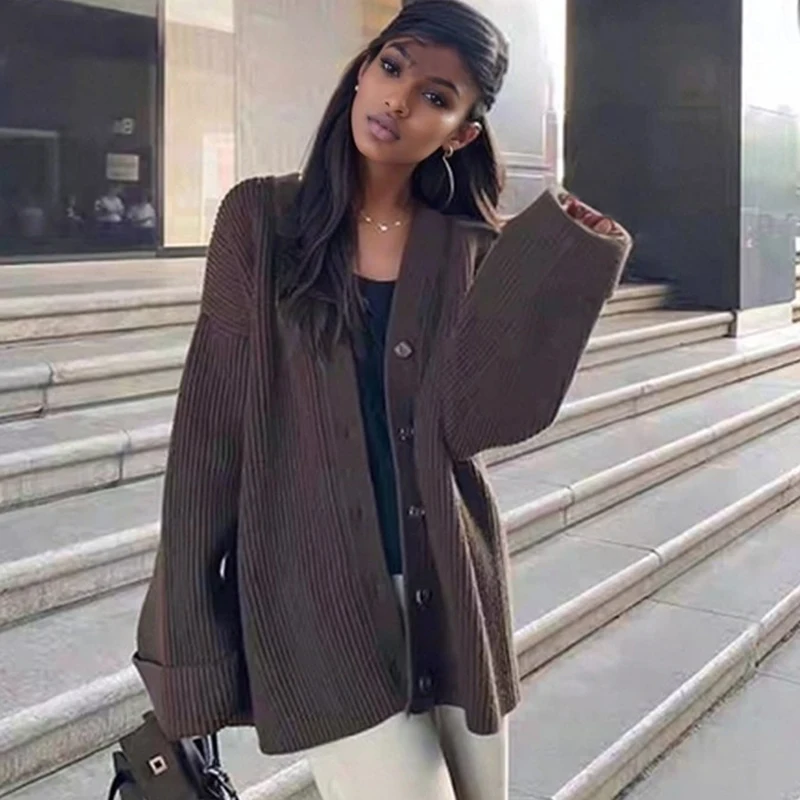 

Loose V-neck 2025 Cardigan Sweater Autumn Retro Casual Jacket for Women Solid Color Button Knitted Korean Style Women's Clothing