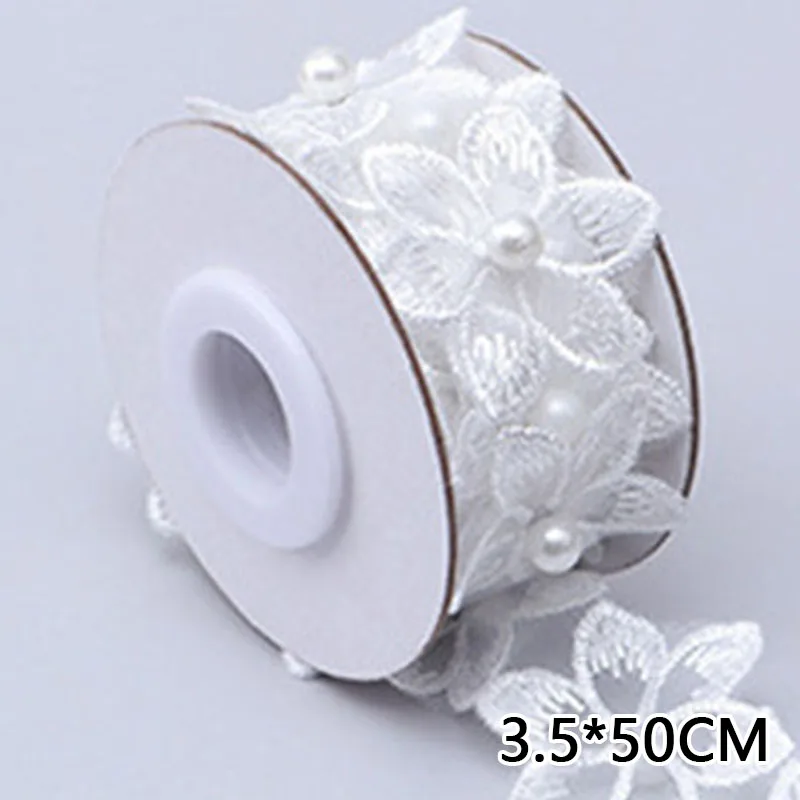 3.5x50cm Handmade Flower Pearl Beaded Ribbons Embroidered Flower Lace Ribbon Fabric For DIY Dress Clothing Sewing Accessories