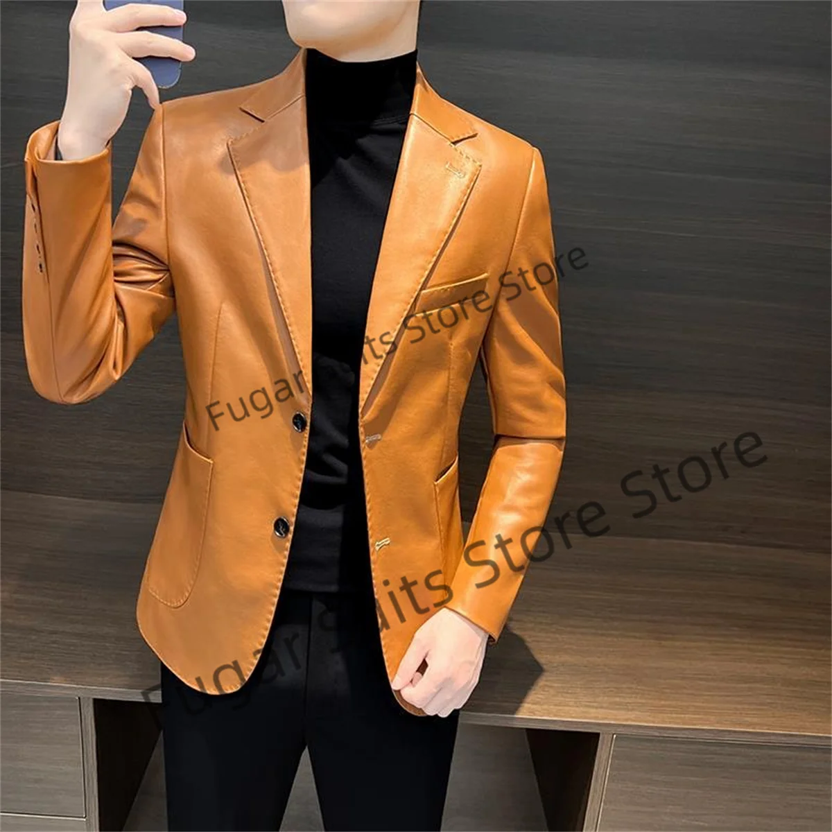 Black Leather Fashion Suits For Men Slim Fit Notched Lapel Groom Tuxedos Formal 2 Pieces Sets Business Male Blazer Costume Homme