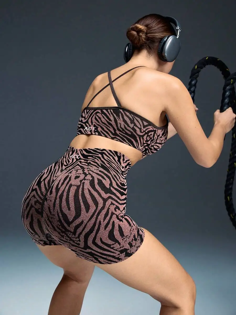 

Womens Spaghetti Strap Zebra Print Workout Set Shorts And Top
