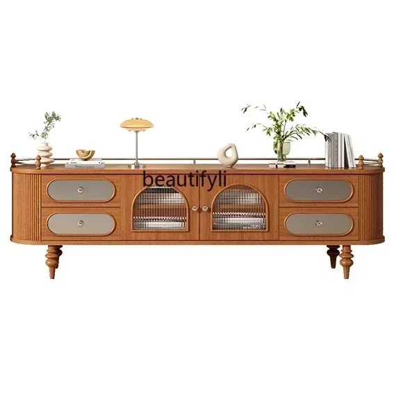 

03.z.French solid wood TV cabinet cherry wood medieval Roman column Changhong glass Nordic light luxury floor cabinet