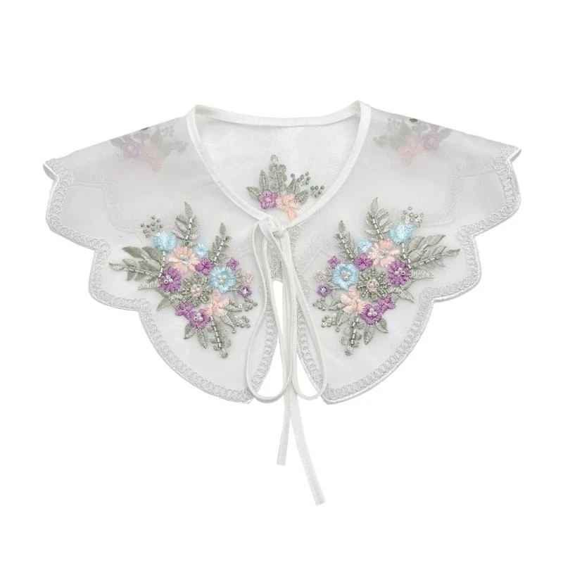 E56A Sophisticated Organza False Collar with Beadwork and Embroidery Colorful Floral