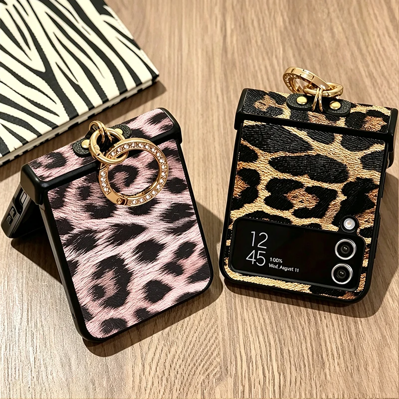 Luxuriöse Leopardenmuster PU-Leder Handyhülle für Samsung Galaxy Z Flip 8 7 6 5 4 3 5G Flip 7 Fe mit Diamantbeschichtetem Ringverschluss