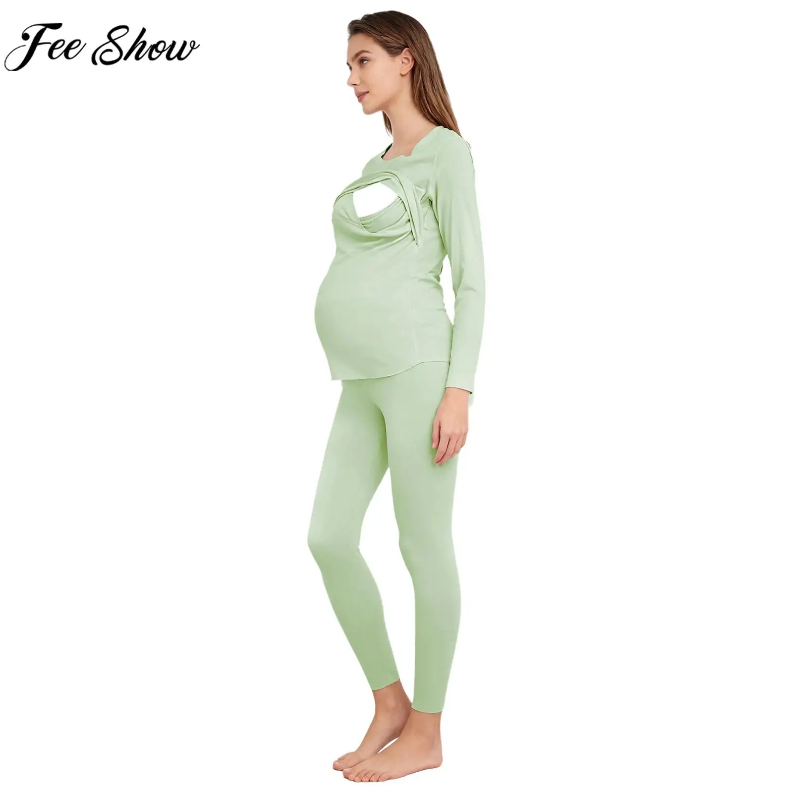 

Топы для беременных с длинными рукавами для кормления грудью и леггинсы, термобелье на флисовой подкладке, пижамный комплект для кормления, одежда для сна, домашняя одежда