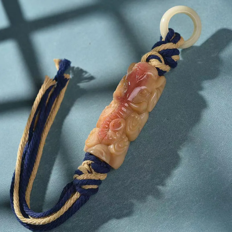 Natural semi-blooded camel bone Ganesha -carved pendant, hand-woven gold-swallowing beast ornament, collectible art piece