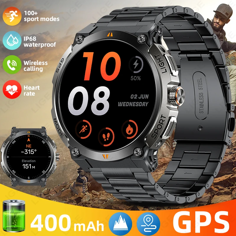 

LIGE New 466*466 AMOLED Screen Smart Watch Compass GPS Sports Tracker Men Watch IP68 Waterproof 400mAh Bluetooth Call Smartwatch