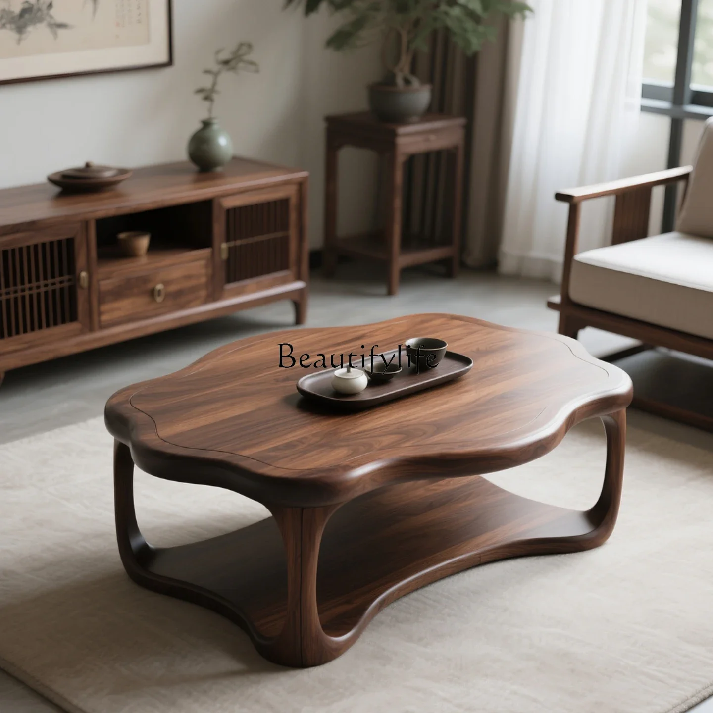 

LJYNew Chinese-style North American black walnut solid wood coffee table, living room home modern simple special-shaped