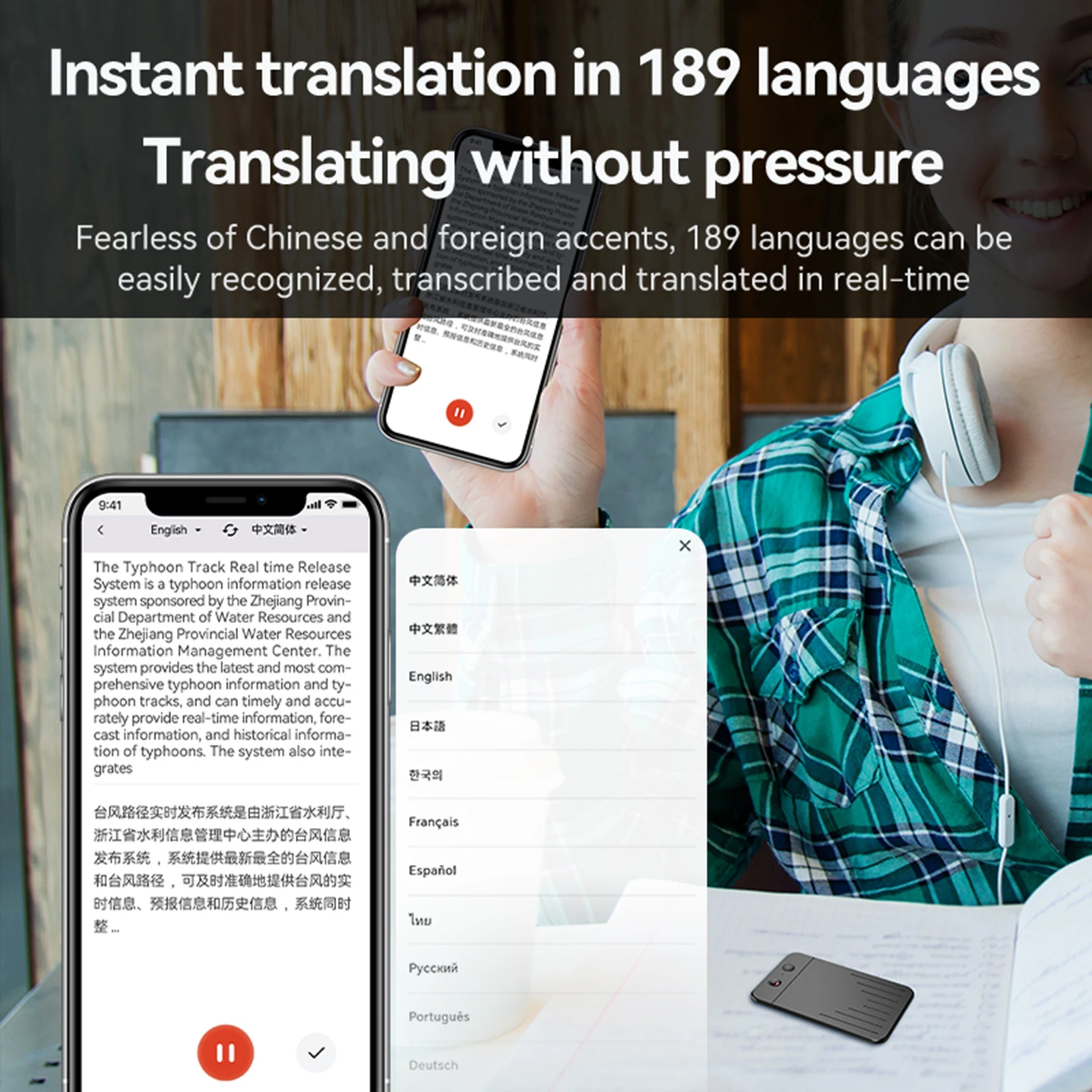 AI Voice Recorder Audio Dictaphone Support 80+ Languages Transcribe Summary Language Translation Device for Lecture/Meeting/Call