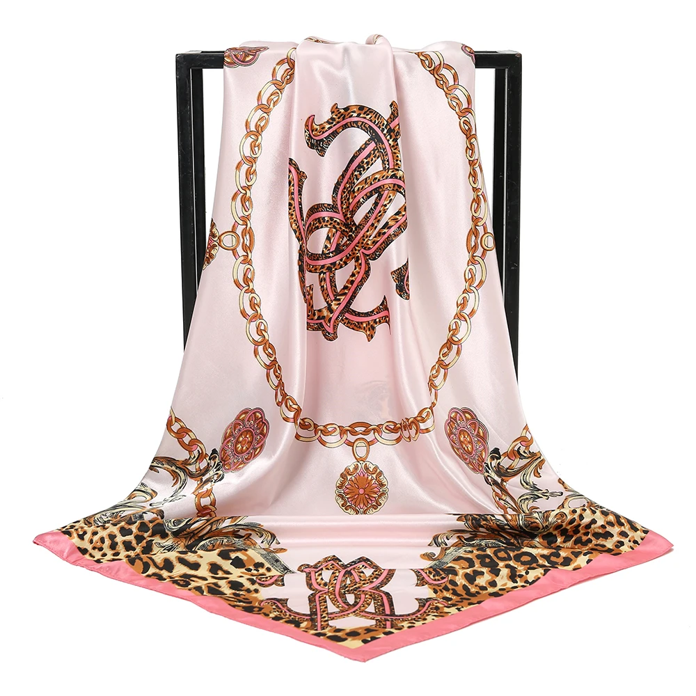 Square Satin Silk Scarf Leopard Chain Printed Hijab Turban For Women Muslim Casual Bandana Ladies Fashion Headband 90*90cm