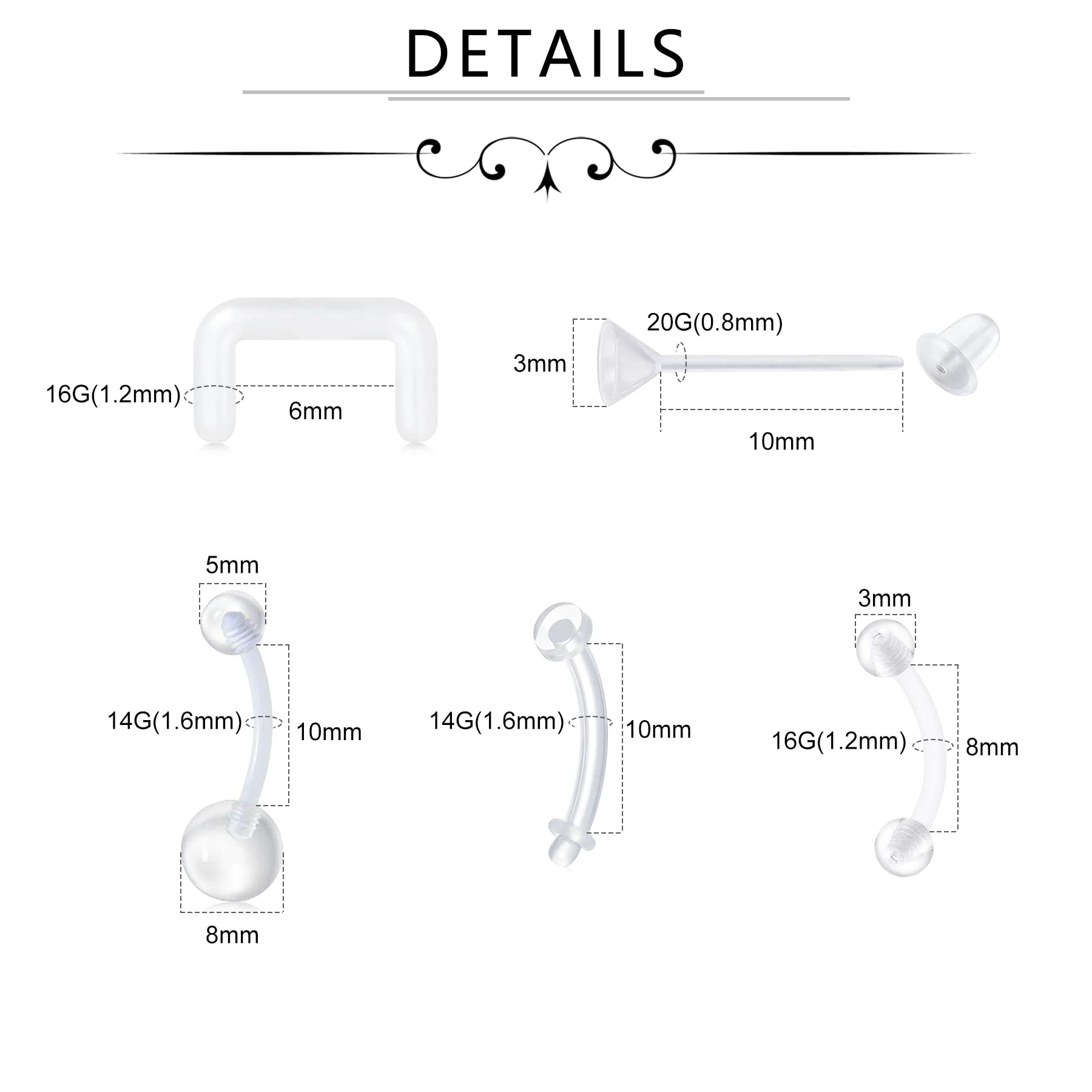 18G 20G Clear Acrylic Bioflex Bone Pin Nose Ring Stud Retainer Body Jewelry Piercing Top Flat 2mm for Women and Men 32/44PCS