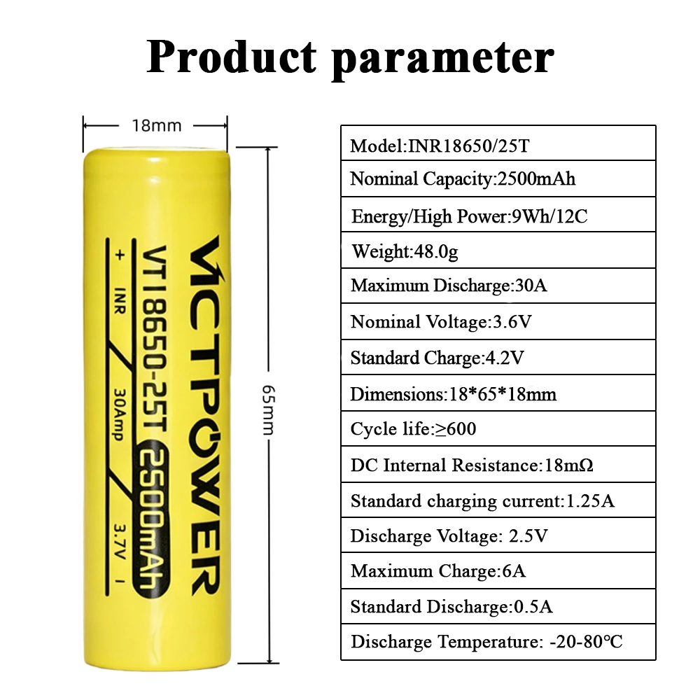 E-power 18650 25T High Current Battery 2500mAh 30A 3.6V Double-Pack High Capacity for Lawn Mowers DIY Flashlights Power Tools