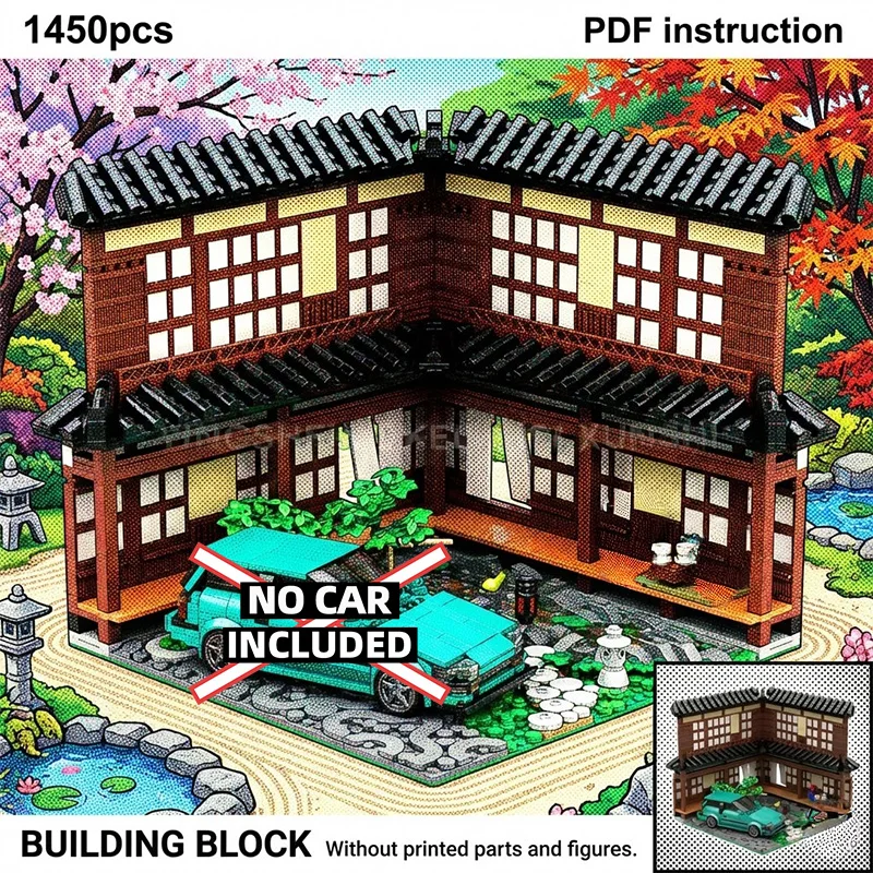 MOC Traditionelles Japanisches Eckhaus Diorama JDM Auto-Parkplatz-Szene Blockmodell