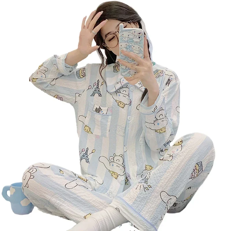 Sanrio jade cinnamon dog silk pajamas women's autumn pure cotton cartoon long-sleeved trousers loose home women's pajamas set