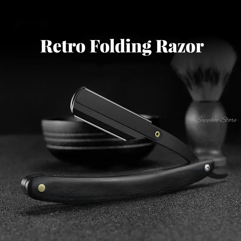 Men Shaving Barber Tools Stainless Steel Hair Razor And Blades Folding Shaving Knife Holder Black Wood Handle Free 10pcs Blades