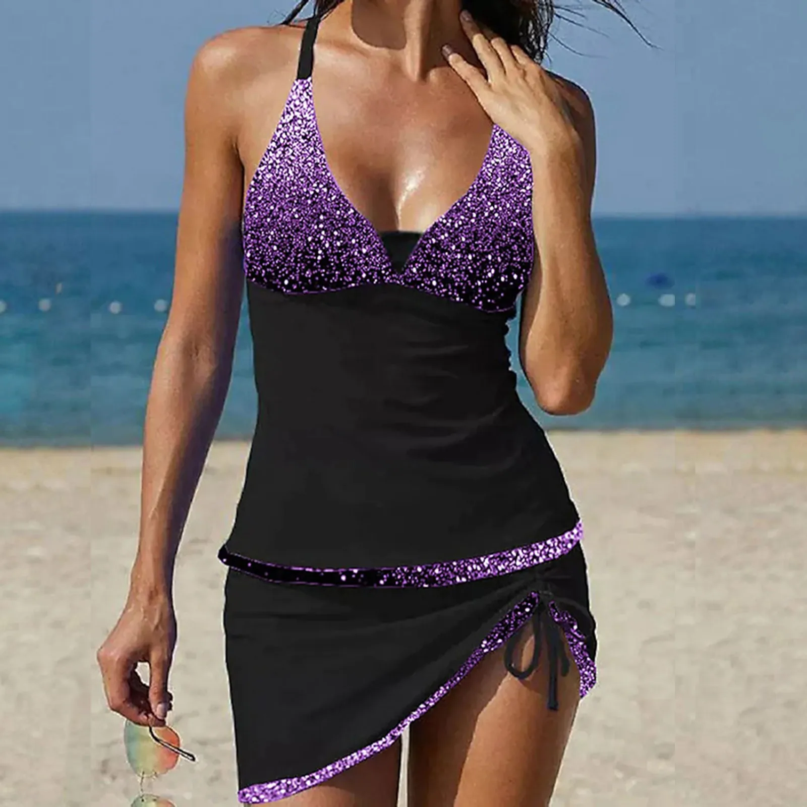 Glitter Pailletten Tweedelige Badpakken Gradiënt Halter Badmode V Hals Trekkoord Bikini Set Vrouwen Sexy Tankini Braziliaanse Strandkleding