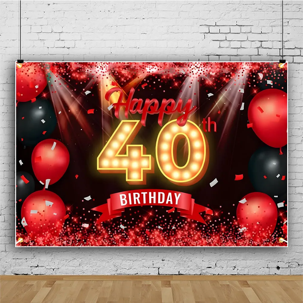 40th Birthday Party Backdrop Black Gold Glitter Balloon Boys Girls 40  Years Old Birthday Bar Mitzvah Photography Background