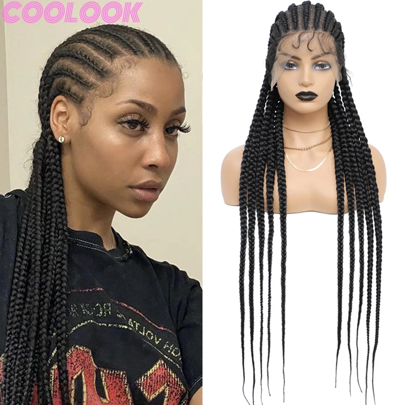 Synthetic 36'' Full Lace Braid Wig Heat Resistant Knotless Long Braids Lace Front Wig with Bang Cornrow Jumbo Plaits Braided Wig