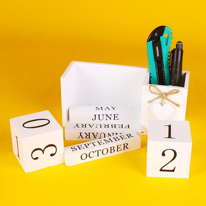 Wooden Permanent Calendar with Pen Holder, Desk Pen Holder with Blocks Permanent Calendar Office Desk Decorations K1KF