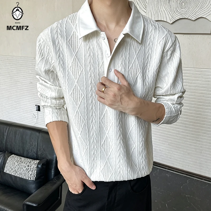 Mens Long Sleeve Lapel Collar Polo Shirt Geometric Jacquard Soft Fabric Loose Casual Top For Autumn Season