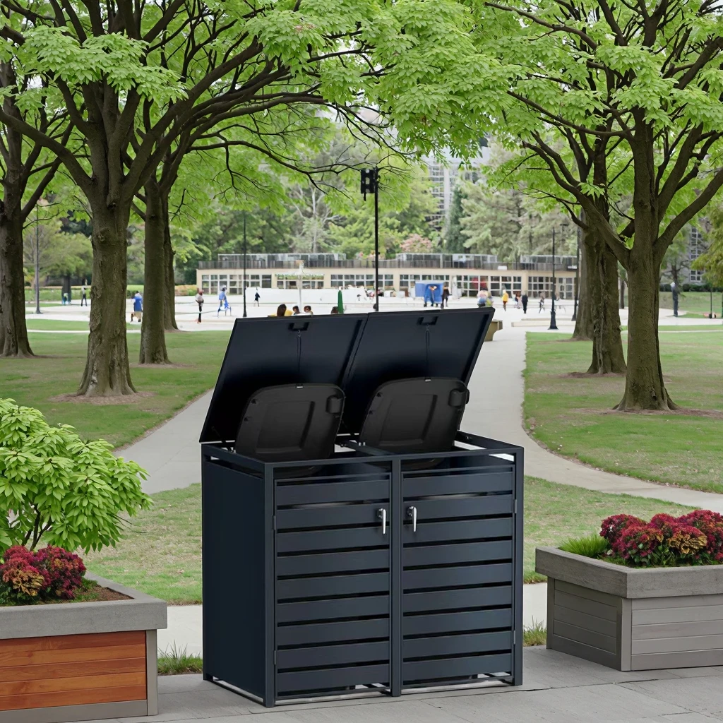 Outdoor Garden 12L Steel Home Trash Can Double Door Wheel Trash Can Concealed with Plastic Frame